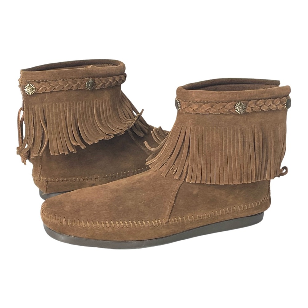 Minnetonka Brown Concho Suede Fringe Braid Ornamented Boots Size 8.5 Boho - Picture 2 of 16